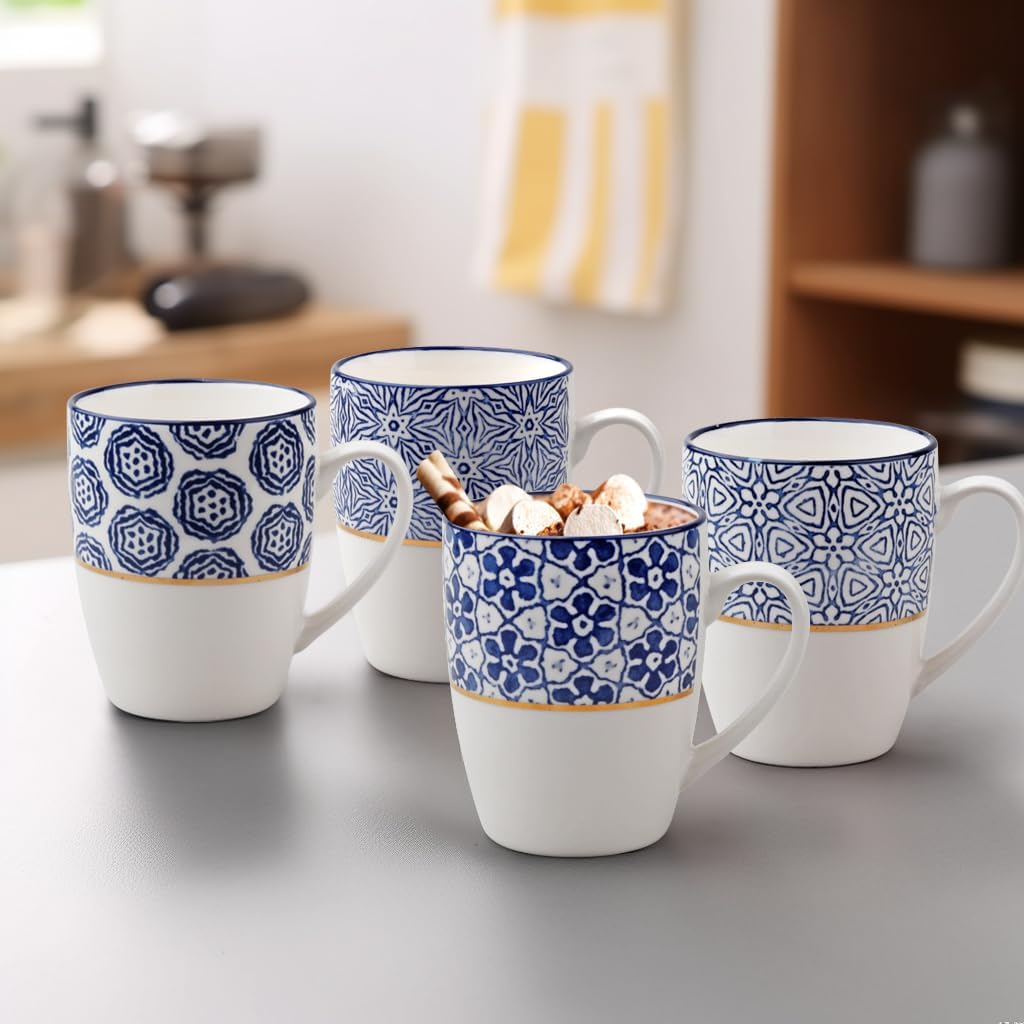 Set of 4 12.5OZ/370ML Coffee Mugs with Blue and White Patterns, Ceramic Tea Cup Set, Gift for Friends - Image 6