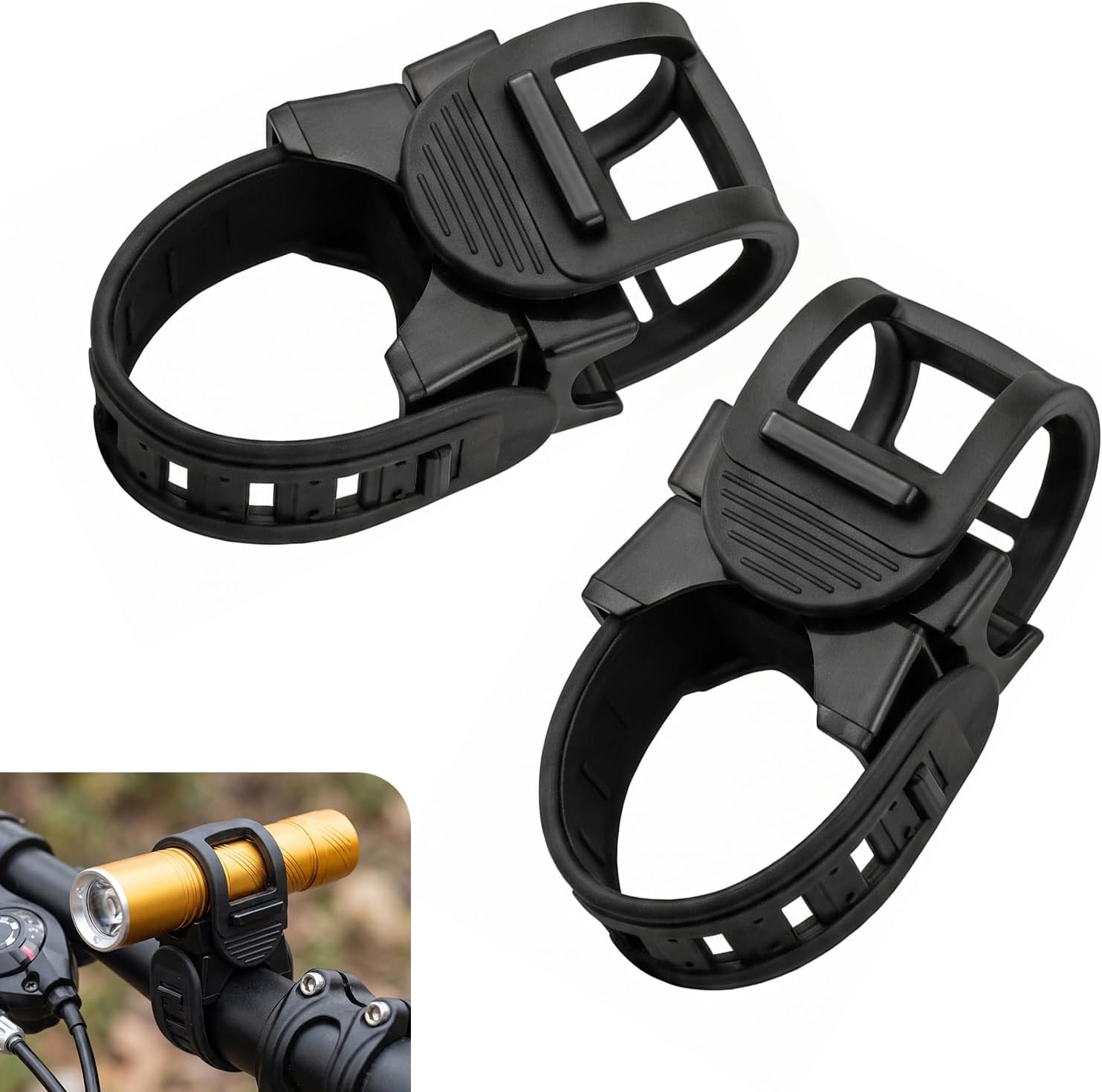 2 PCS Adjustable Bike Flashlight Mount, Sturdy Bike Light Holder, Stable Anti-Slip Bicycle Light Bracket, Fit for Cycling Bikes Motorcycles Scooters Handheld Flashlights (Black)