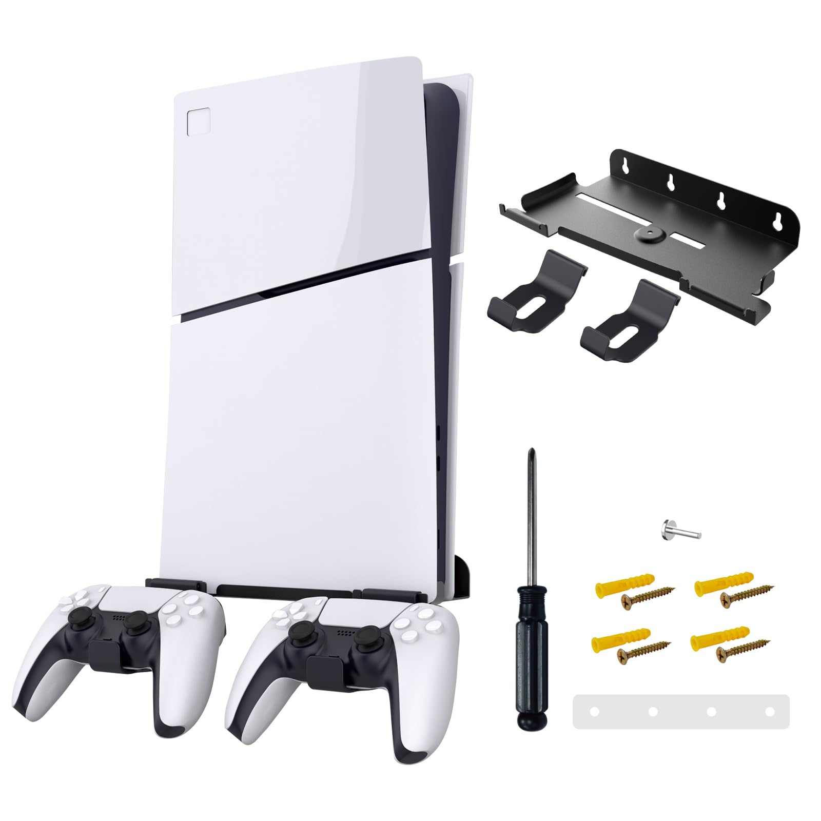 PS5 Slim Wall Mount, PS5 Slim Stand with 2 Removable Controllers Holders, Sturdy Floating Your New PS5 on Wall with Screw Fixing, PS5 Wall Mount Kit Behind TV, PS5 Slim Gaming Shelf for Wall