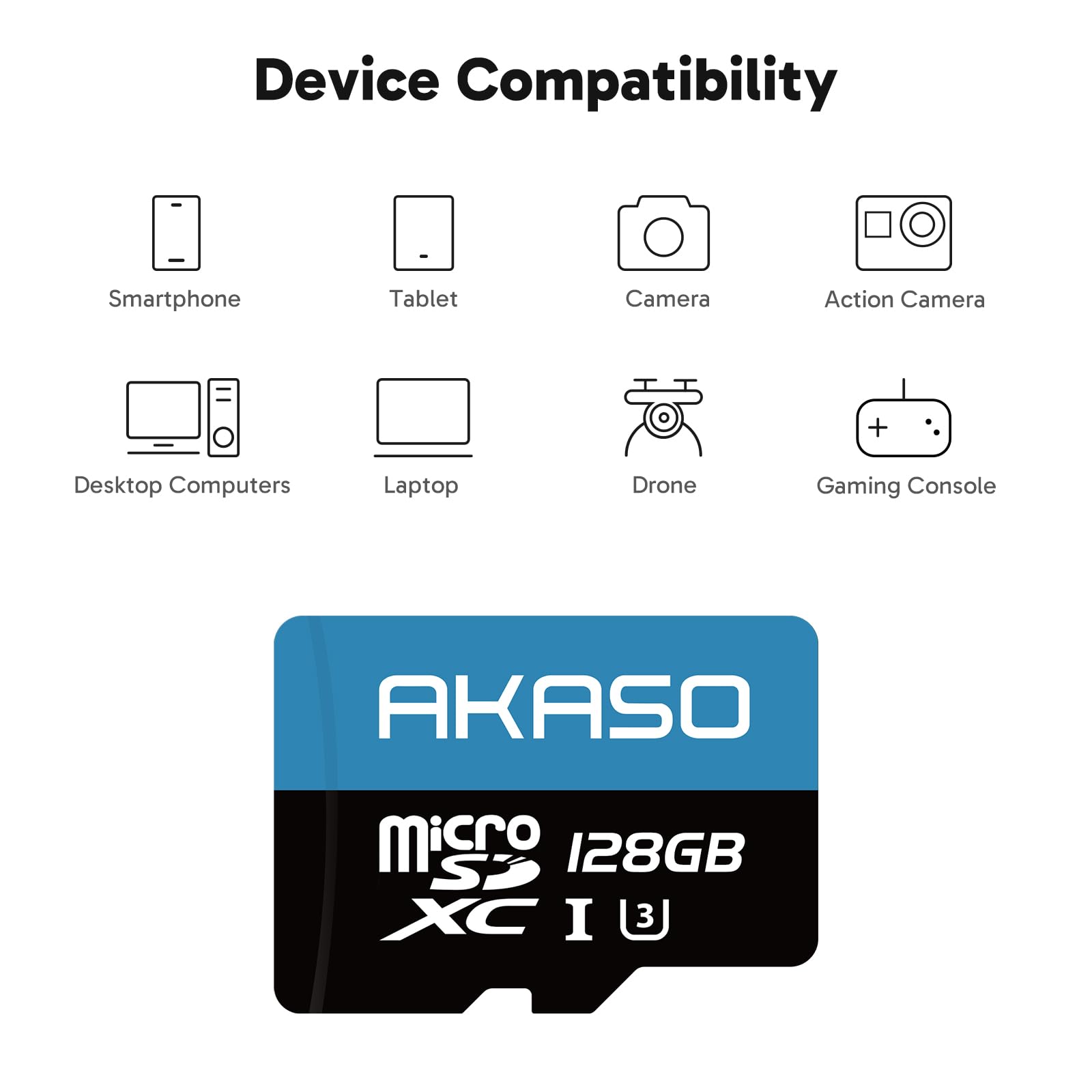 AKASO Tarjeta de memoria microSDXC U3 de 128 GB con adaptador, hasta 100 MB/s, UHS-I C10, U3, Full HD, 4K UHD, tarjeta MicroSD