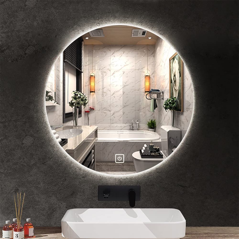 PhAsz 3-Color Dimmable Led Bathroom Mirror Frameless Round Wall Mirror with Touch Switch Premium Anti-Fog Vanity Mirror for