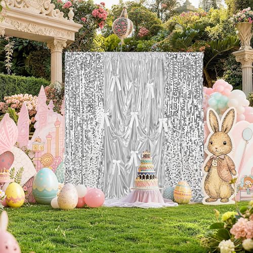 Image of Silver Easter Sequin Backdrop Curtain Drapes - 8.8x8ft 18MM Large Sequin Curtain Backdrop Panel Glitter Photo Background for DIY Birthday Party Photography Decorations