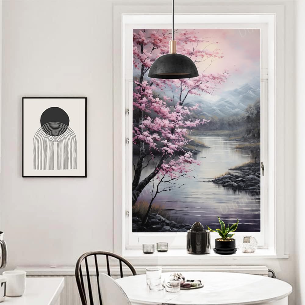 Rustikale Berg Fenster Sichtschutzfolie Tinte Landschaft Rosa Kirschblüten Buntglas Fensterfolie Sonnenblockierung Wärmeregulierung Dekorative Fensterabdeckfolie für Home Office 90 * 160cm