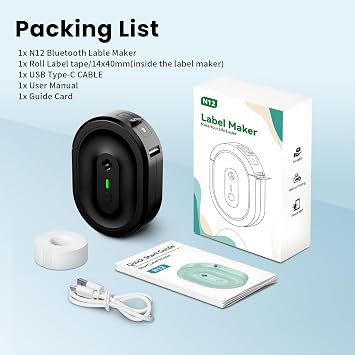 Mini Label Maker Machine with Tape, N12 Portable Bluetooth Label Printer, Thermal Sticker Labeler for Small Business, School, Home, Office(Black)
