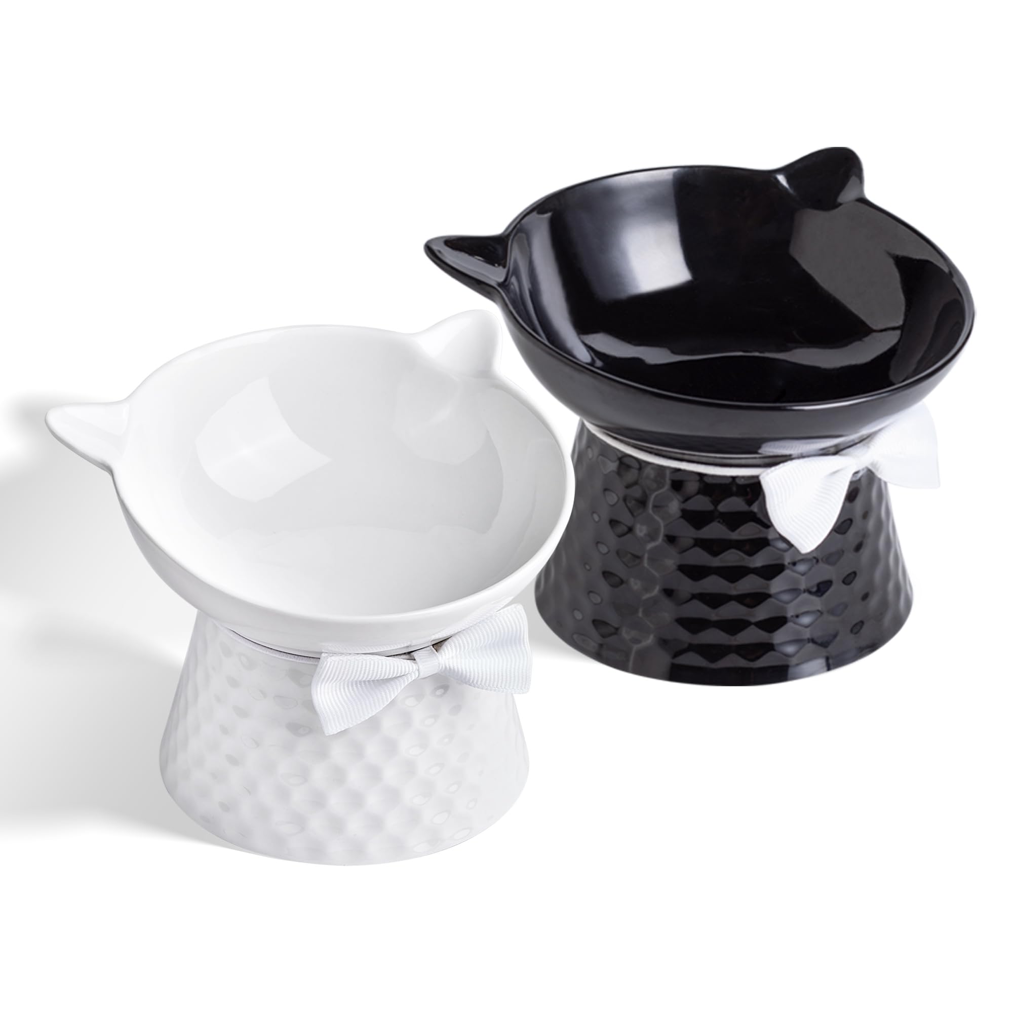 2 PCS Ceramic Elevated Cat Bowl, Tilted Raised Pet Dish for Indoor Cats, Anti-Vomit &amp; Whisker Friendly Cat Food Bowl, Cute One-Piece Stand, Microwave &amp; Dishwasher Safe