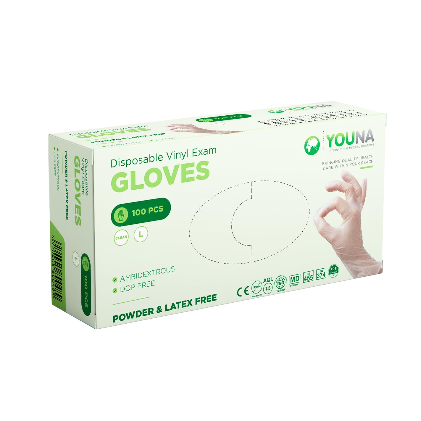 Youna Disposable Vinyl Gloves, Lightly Powdered & Powder Free, Latex-free, Powder-free, Smooth Finish, Type Ambidextrous, Beaded Cuff, Poly Vinyl Chloride Large (L)