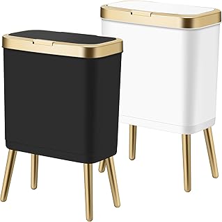 2Pack Trash Can with Lid, Modern Bedroom Garbage Can with Gold Edge, Slim Kitchen Garbage Bin，4 Gallon Trash Bin Plastic Waste can for Office, Living Room,Toilet,Bathroom (Black+White)