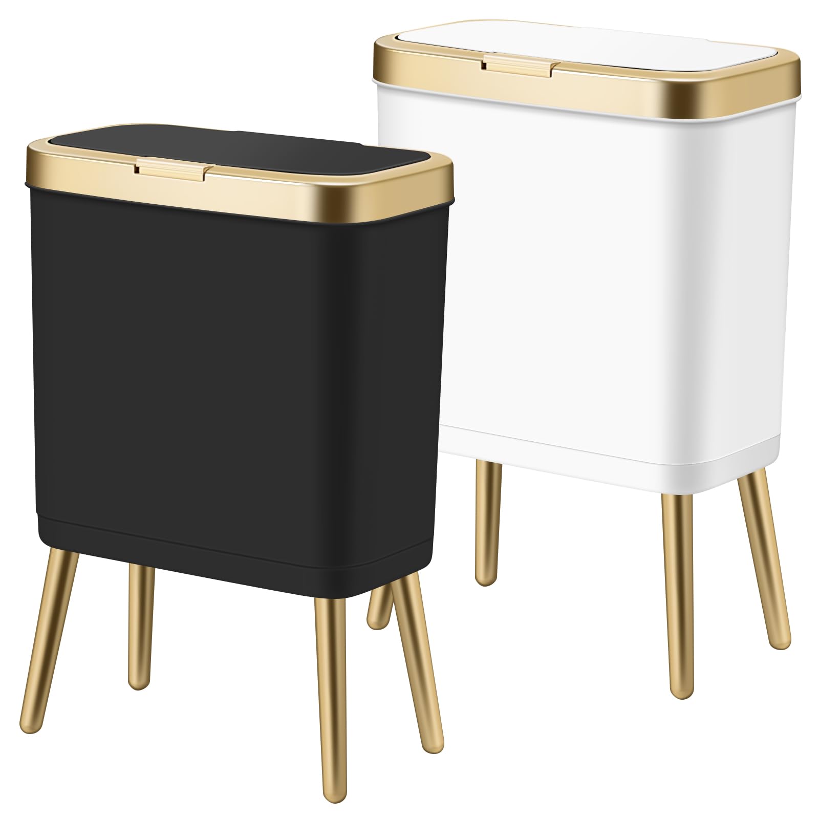 Procade 2Pack Trash Can with Lid, Modern Bedroom Garbage Can with Gold Edge, Slim Kitchen Garbage Bin?4 Gallon Trash Bin Plastic Waste can for Office, Living Room,Toilet,Bathroom (Black+White)