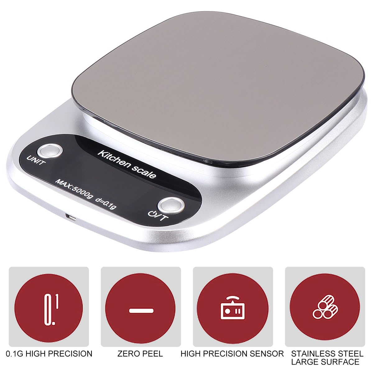 Báscula Capacidad de 5kg Digital de Cocina Portátil de Acero Inoxidable y Precisión de 0,1g Pantalla Lcd Recargable para Uso en Cocina y Joyería