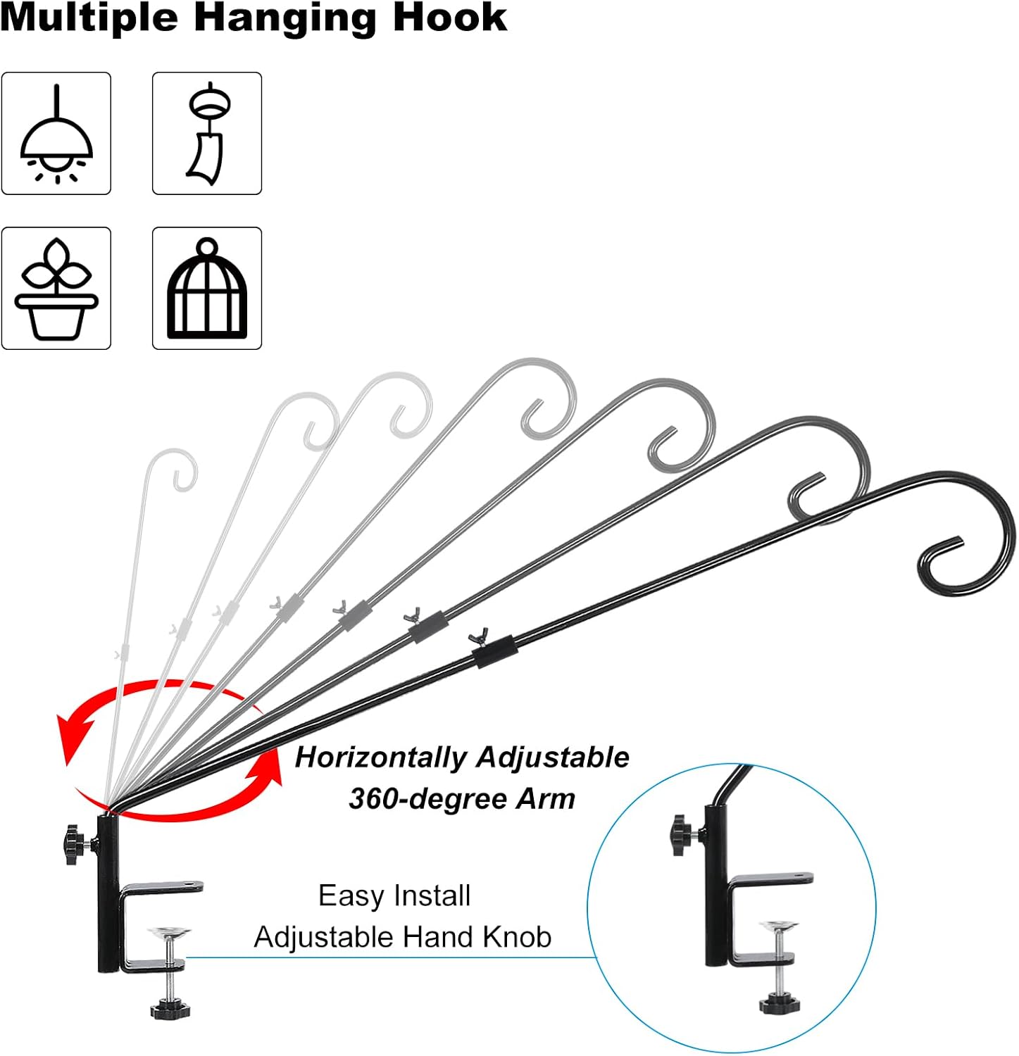 FEED GARDEN 31 Inch Heavy Duty Deck Hook for Railing 2 Pack, Non-Slip Clamp, 360 Degree Swivel, for Hanging Bird Feeders, Plants, Lanterns, Suet Baskets, Wind Chimes, Black image 2