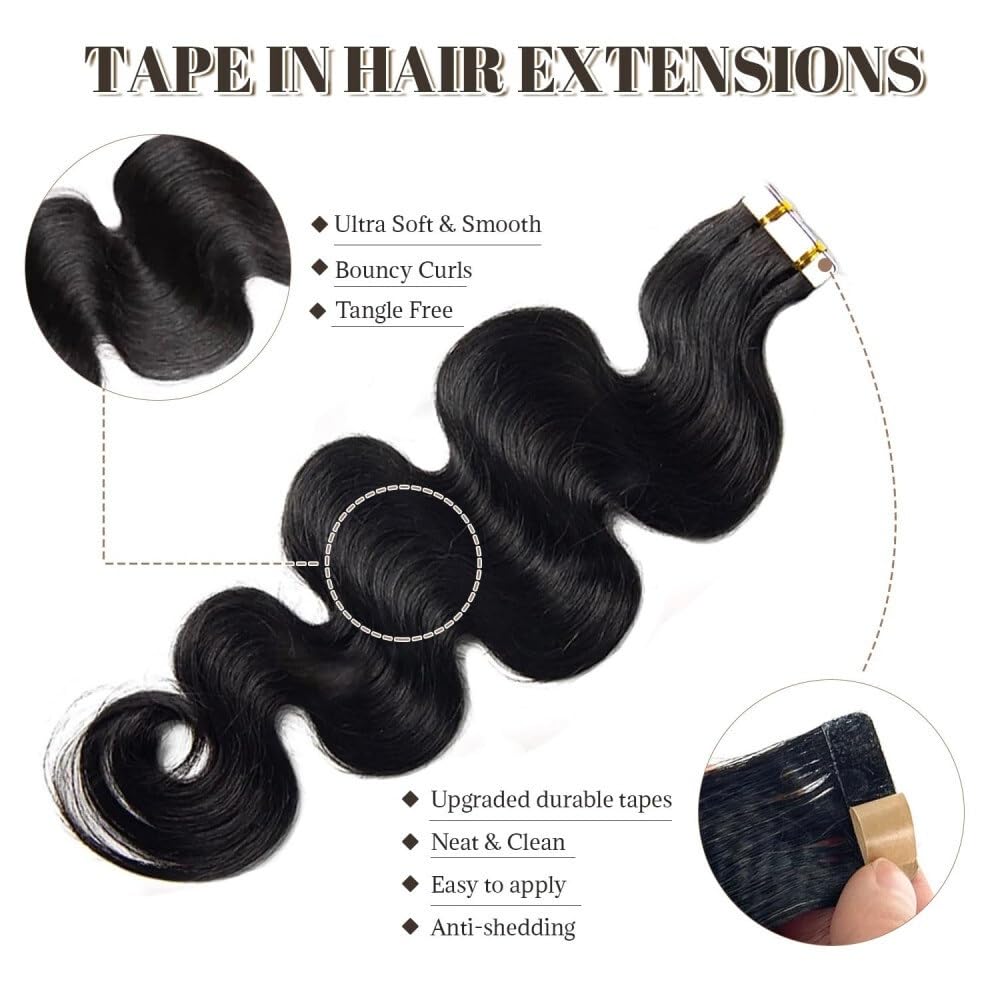 Taśma w rozszerzeniach Taśma doczepiana z włosów Ludzkie włosy, 20 sztuk/50 g 16-26 cali Naturalna czerń Body Wave Doczepy Remy Bezszwowa skóra wątkowa Ins dla kobiet Niewidzialne włosy(24 inches)
