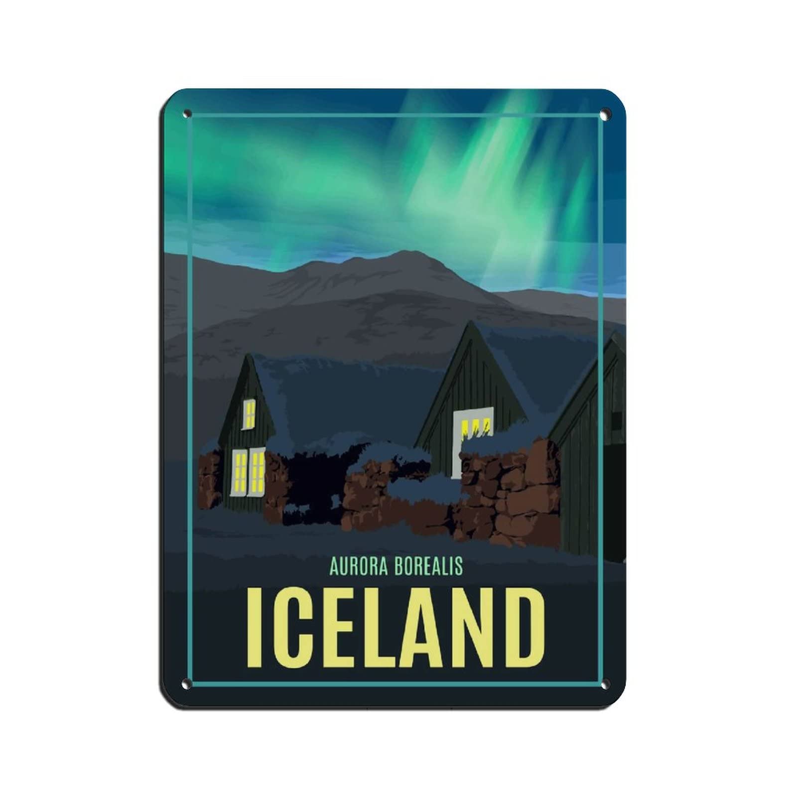 Kziwq T333 Iceland Aurora Borealis Vintage Travel Poster Tin Sign Vintage Metal Pub Club Cafe Bar Home Wall Art Decoration Poster Retro 20X30cm