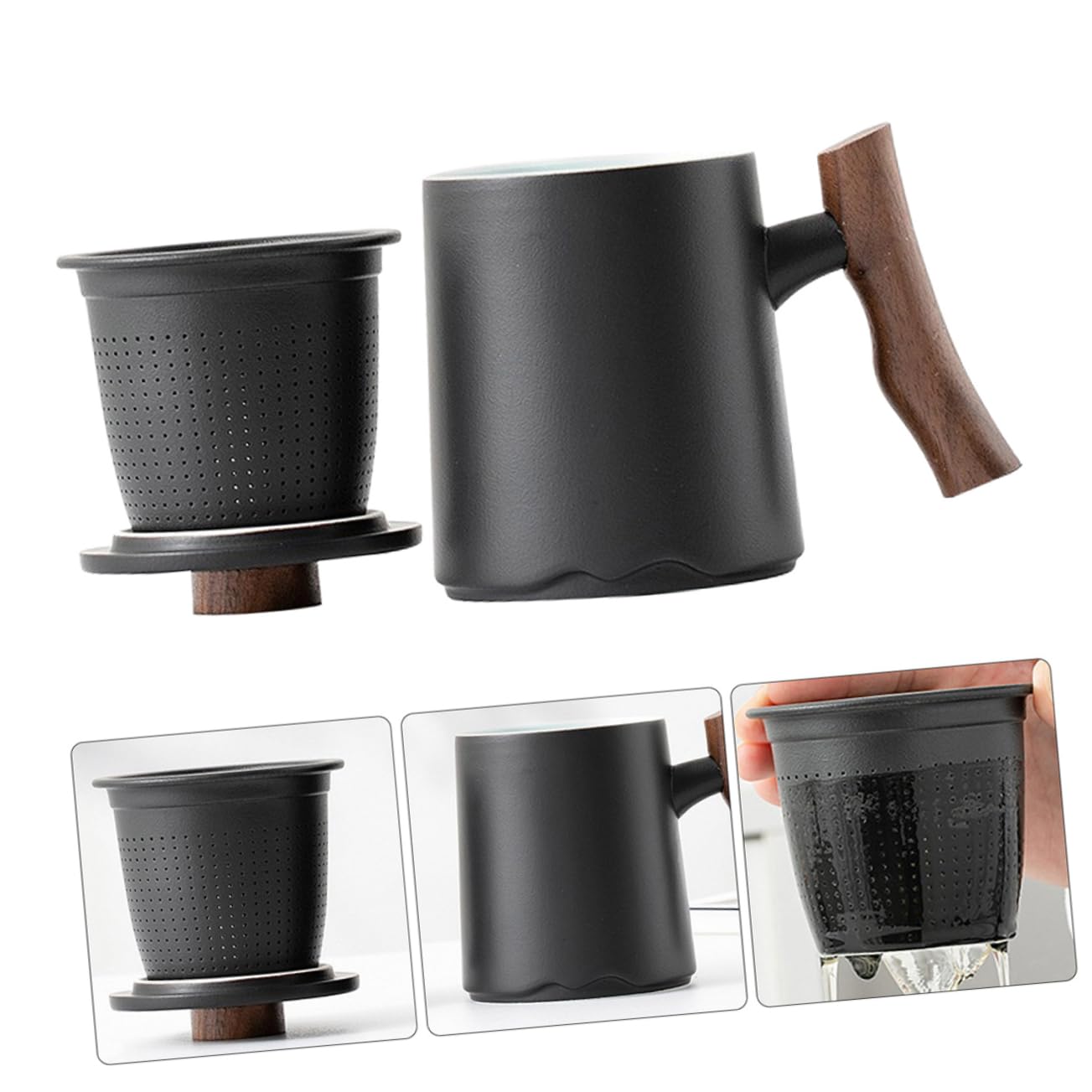 Mug avec Passoire à Thé 360ml en Céramique et Manche en Bois Foncé Élégant