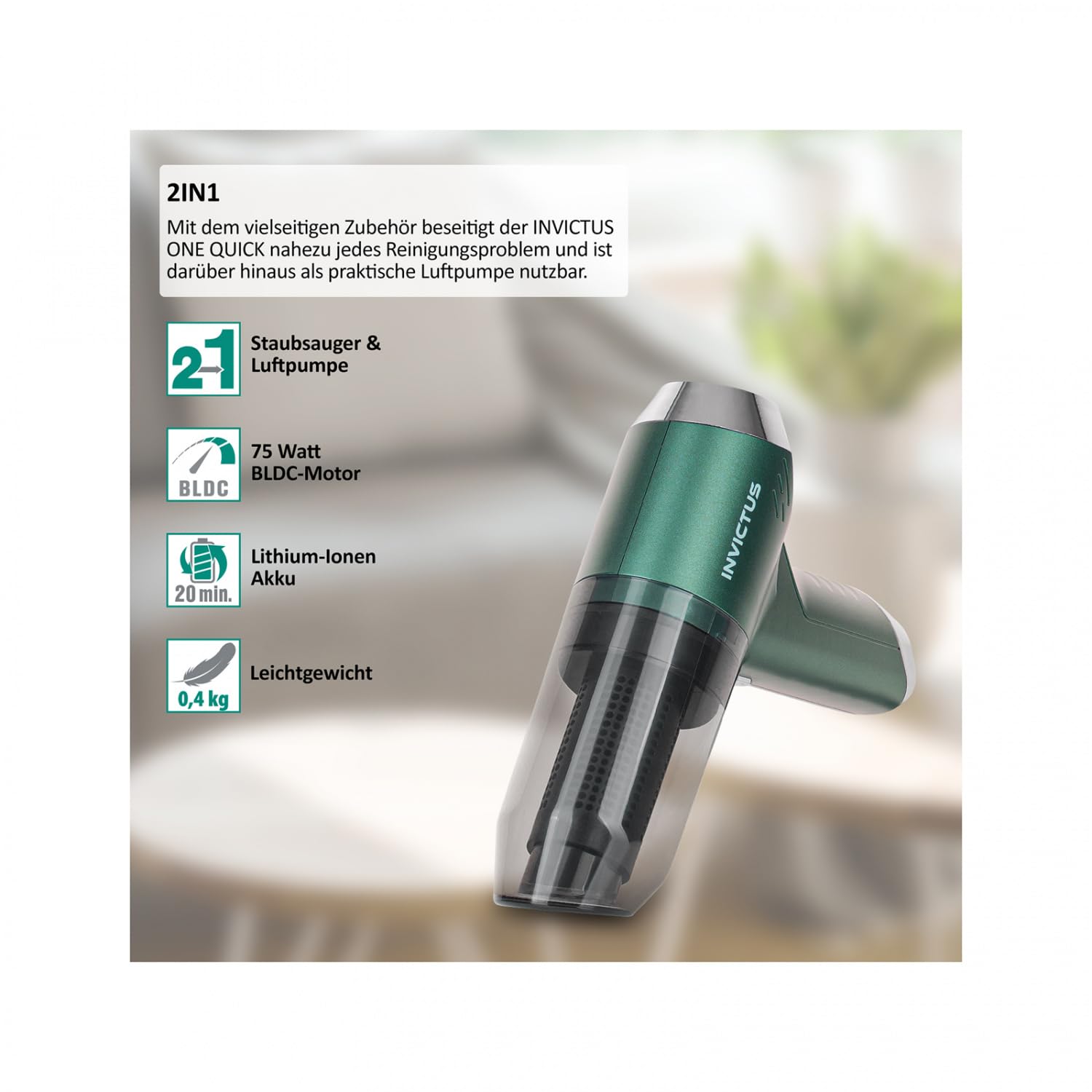 Genius Invictus One Quick Aspirapolvere portatile a batteria 13 pezzi senza fili 3 in 1, mini aspirapolvere senza sacchetto con funzione multifunzione per auto, cucina, tastiera peli di animali, pompa