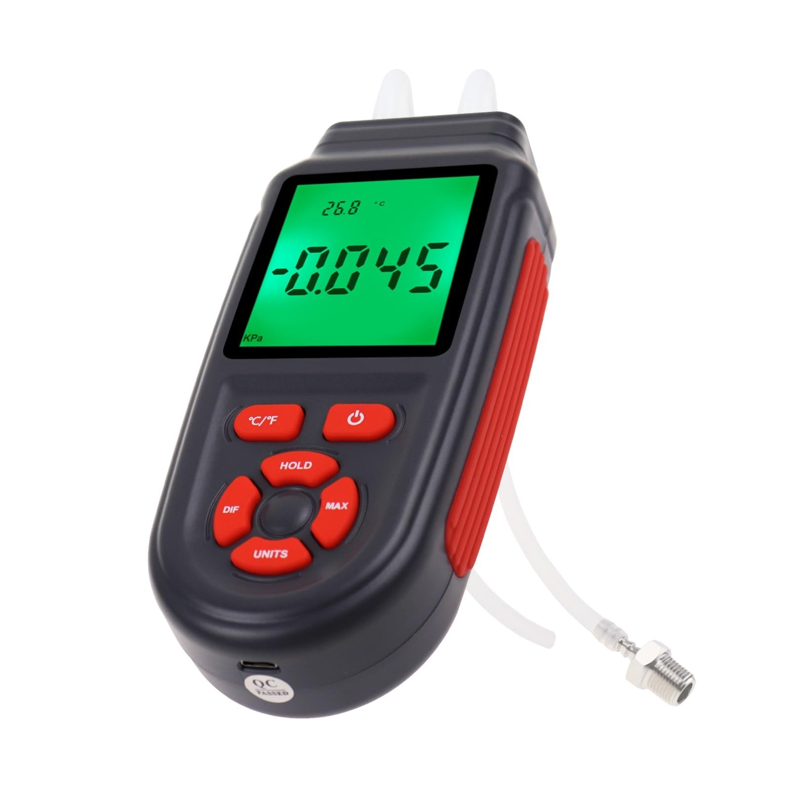 Probador de presión gas digital Manómetro Pantalla LCD grande con retroiluminación 12 unidades seleccionables Función almacenamiento datos