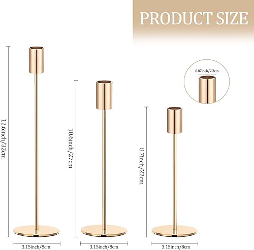 Miniatura 2 de Juego de 3 portavelas cónicos dorados, portavelas de metal dorado, portavelas alto, se adapta a velas LED y velas LED de 34 pulgadas de grosor, para