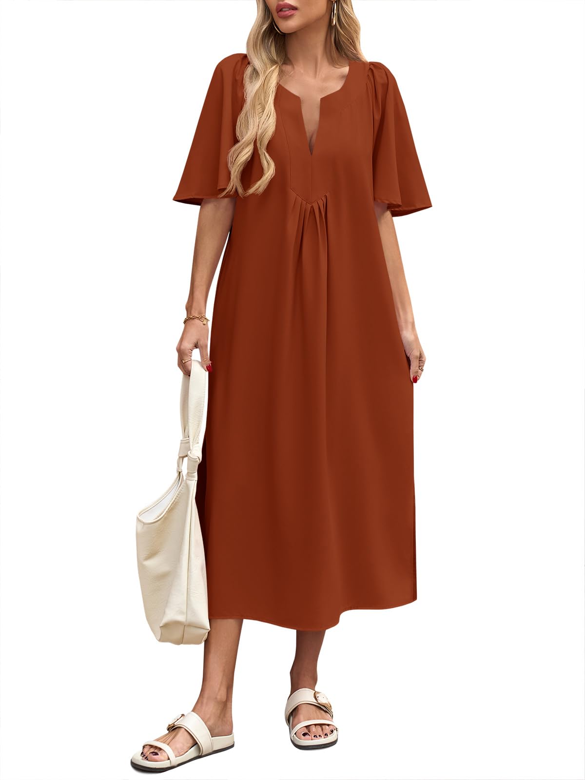 Wenrine Womens Casual Maxi Dress Short Sleeve Loose Flowy Summer Dresses