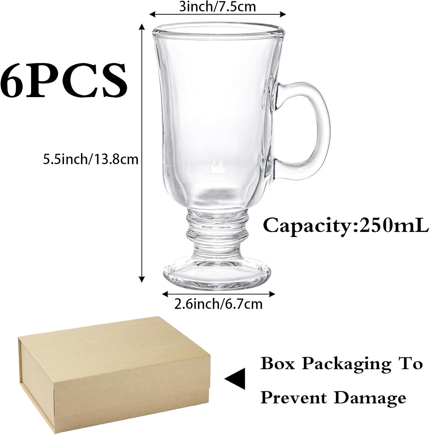 Set of 6 Irish Coffee Mugs, 8.5 Oz Irish Coffee Glasses with Handle & Footed Stem Base, Clear Glass Mugs Espresso Glass Cups for Hot Cold Beverages, Tea, Latte, Cappuccino, Smoothie - Image 3