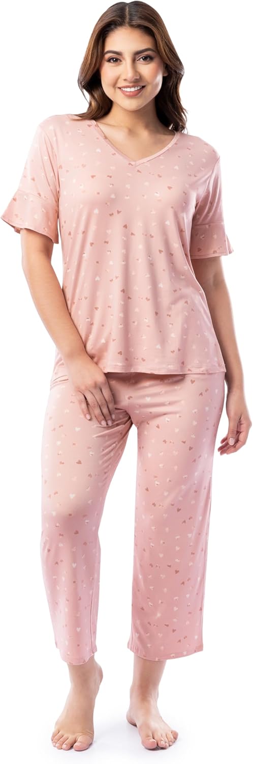 Fruit of the Loom womens 360 Stretch Ruffle Sleeve V-neck Tee and Capri Sleep Pajama Set