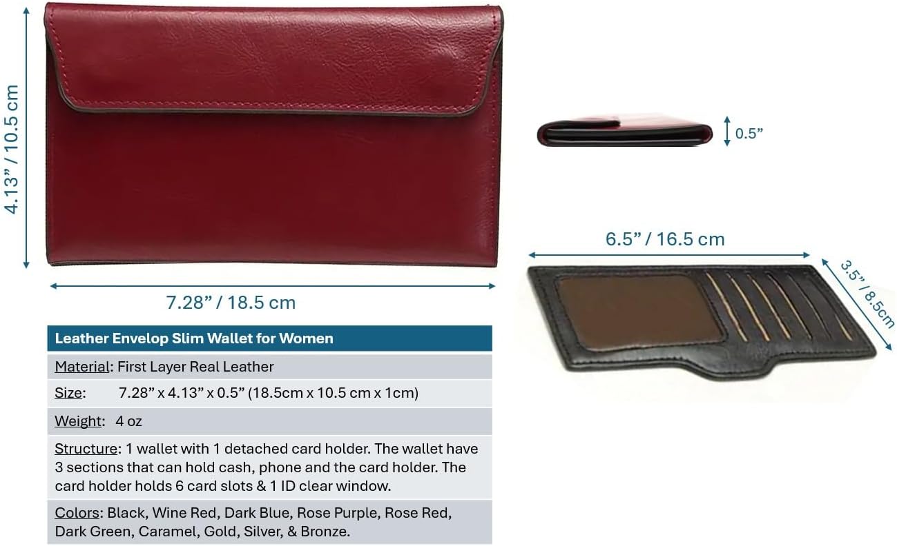 Women's Genuine Real Leather Slim Envelope Wallet with Detached Card Holder with Magnetic Closure, Phone Holder Clutch (Wine Red) - Image 3