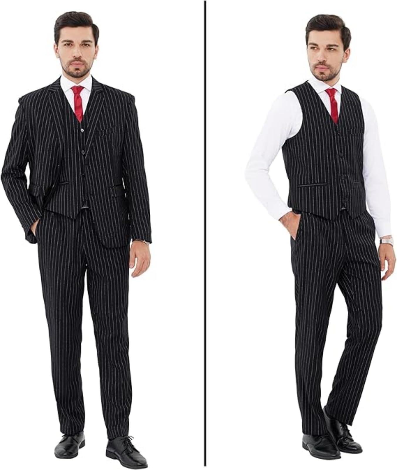 TSxuelian Męski prążkowany 3-częściowy garnitur slim fit elegancki jednorzędowy biznes wesele marynarka kamizelka i spodnie zestaw