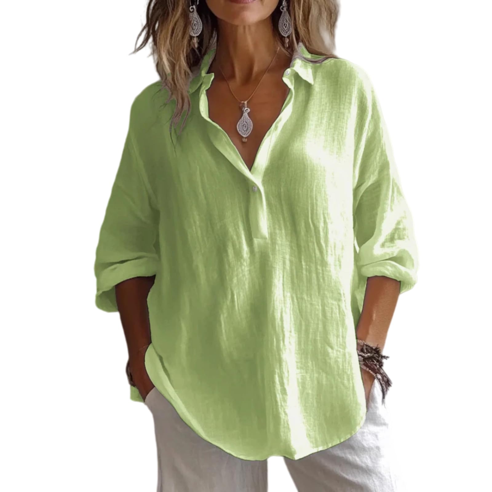 Chemise en Lin V, Top Ample Manches 3/4(Vert,as4,Alpha,XX_l,Regular,Regular)