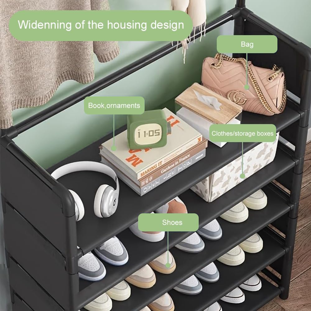 Color Black Size 5 Tier Coat and Shoe Rack,Modern Minimalist Coat Rack with 8 Hooks,Freestanding Entryway Shoe Shelf for Living Room, Hallway, Bedroom Black