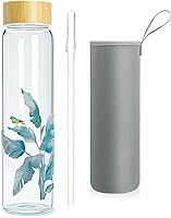 Vista 7 de Botella de agua de vidrio de 32 onzas con popote, botella de vidrio de borosilicato de boca ancha con tapa de bambú y funda de neopreno