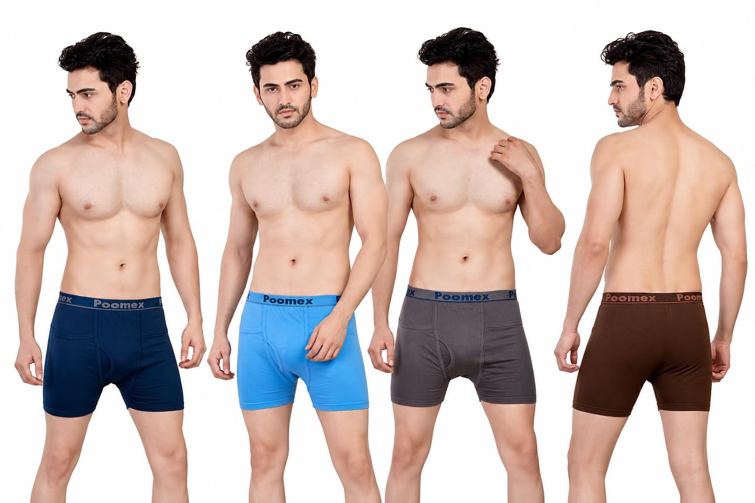poomex Men's Cotton Comfort Pocket Trunks (Pack of 4) # Multicolour Each Pack # Double Layered Pouch # Classic Pattern with Pocket #-picture-36