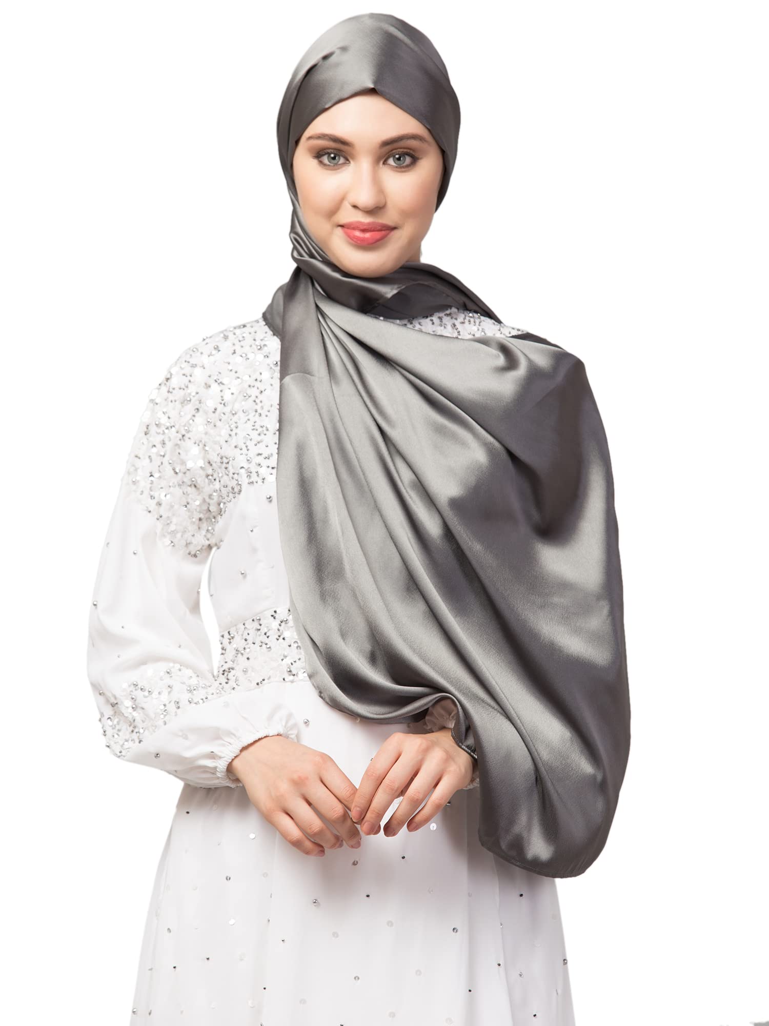 Hijab World Royal Touch Silky Shiny Solid Hijab for Female Color Grey-image-16