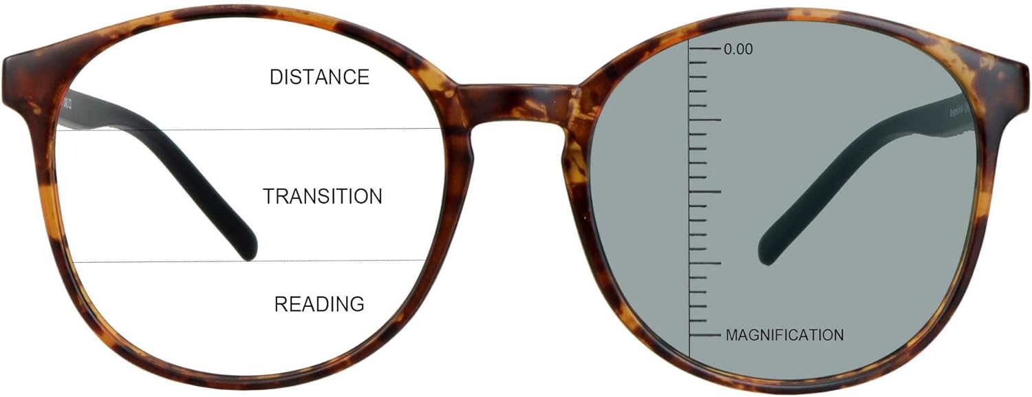 Vintage Round Progressive Multifocal Presbyopic Glasses, Photochromic Gray Sunglasses for Men Women Readers (Tortoise,+0.00/+2.50 Magnification)