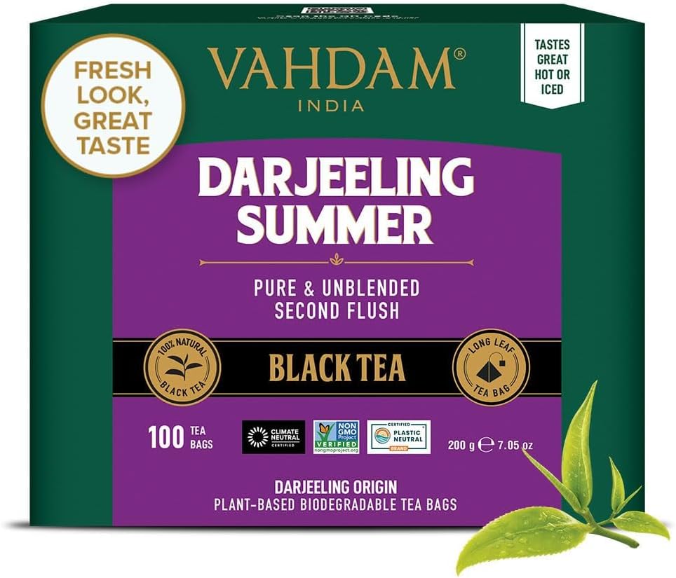 VAHDAM, Darjeeling Black Tea Bags (100 Tea Bags) Whole Leaf, Pure