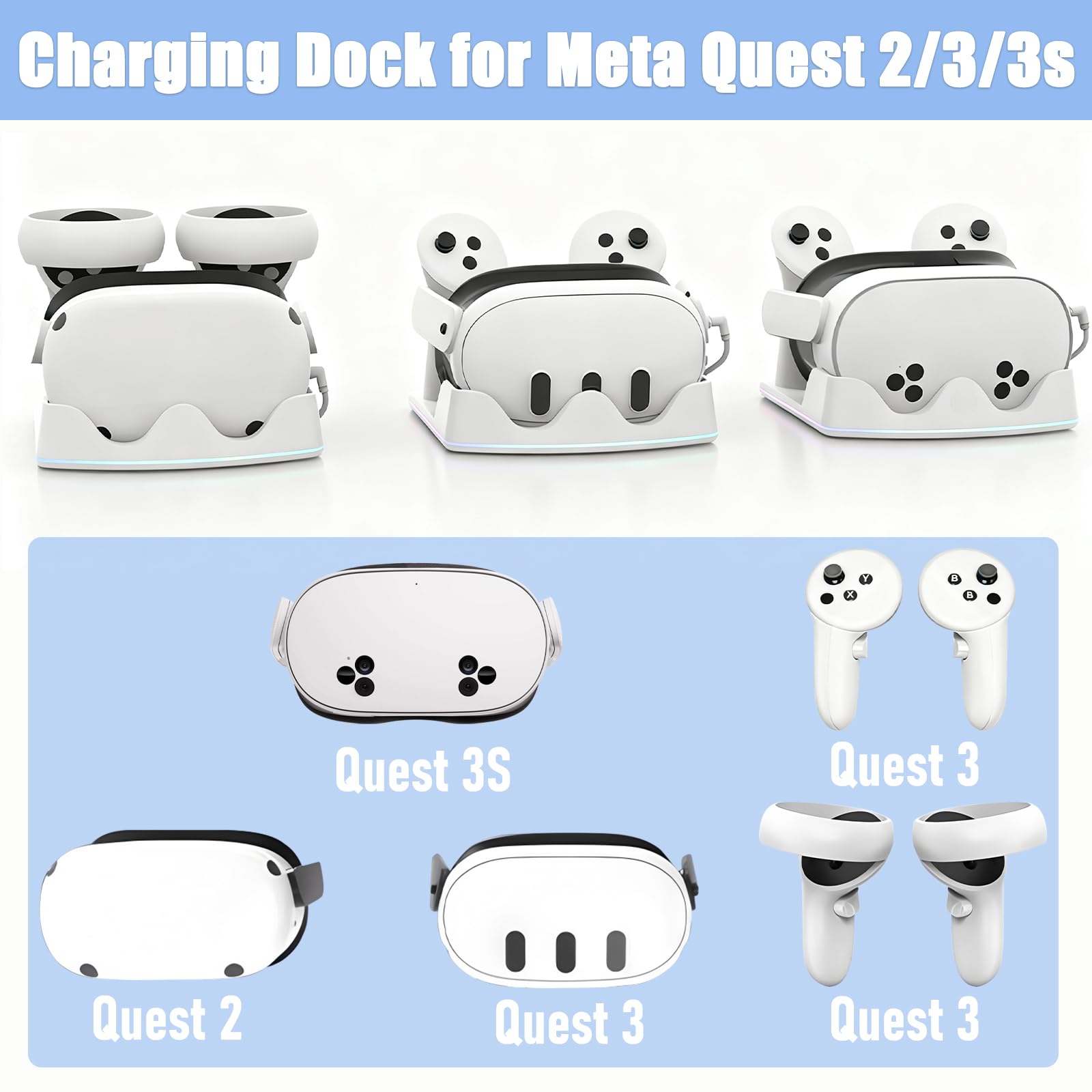 Stazione di Ricarica Compatibile con Meta Quest 2/3/3S, Dock di Ricarica Rapida per Quest 3 con Luci RGB, Caricatore per Cuffie VR, Accessori VR