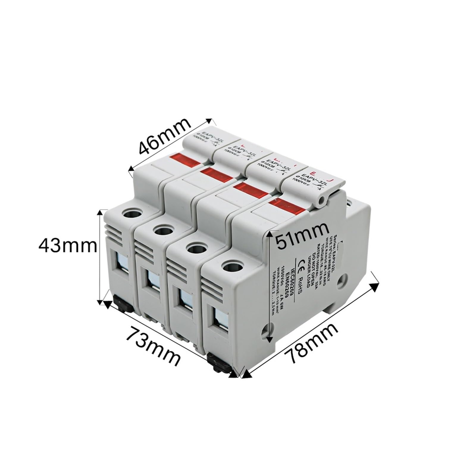 Fotowoltaiczny bezpiecznik DC na szynę DIN 4P z lampką kontrolną, odpowiedni do fotowoltaicznego łańcucha bezpieczeństwa DC 10 x 38 mm (15A, EAPV-32-4P)