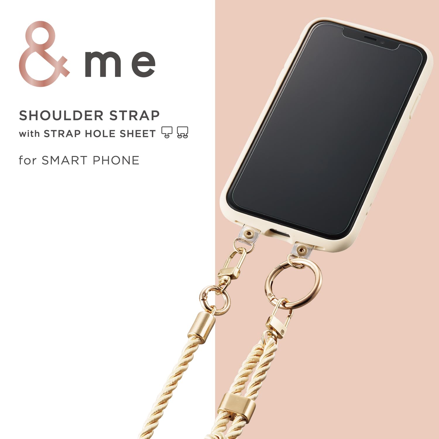 ELECOM Cell Phone Lanyard Shiny Braid & Gold Hooks with Strap Connected Sheet, Length Adjustable, Compatible with iPhone and Android, Beige P-STSDH2RGBE