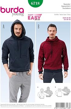 burdastyle Burda Mens Easy Sewing Pattern 6718 Hoodie & Sweater Top