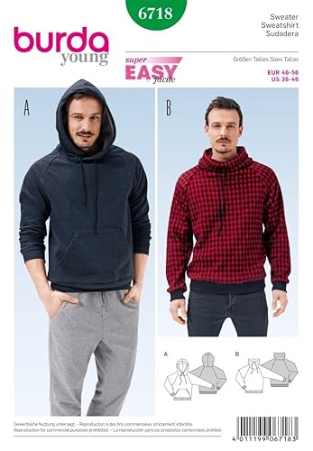 Burda Mens Easy Sewing Pattern 6718 Hoodie & Sweater Top