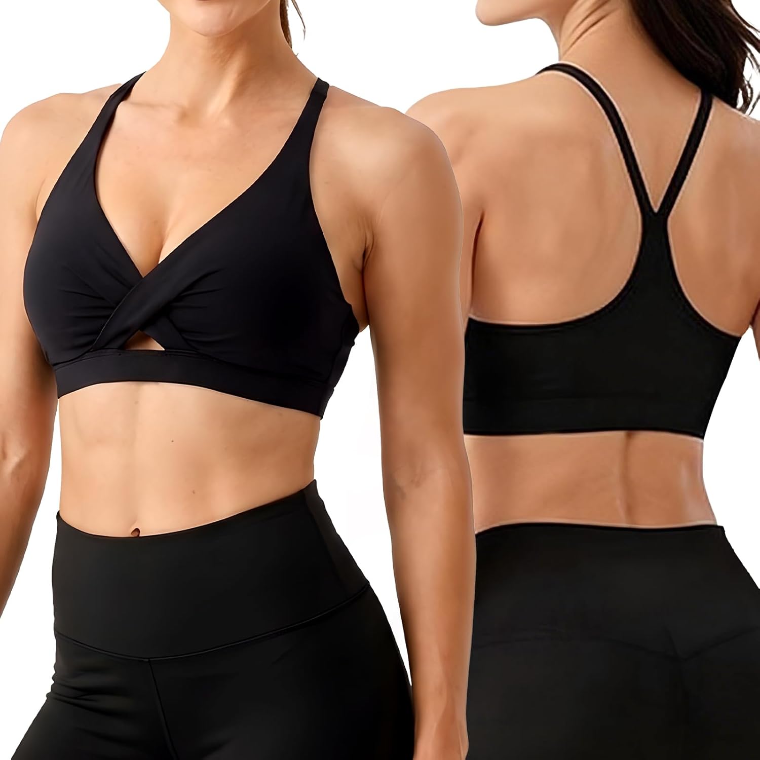 V Neck Sports Bras for Women Medium Support Yoga Tops Y Back Spaghetti Straps Workout Bra with Removable Cups