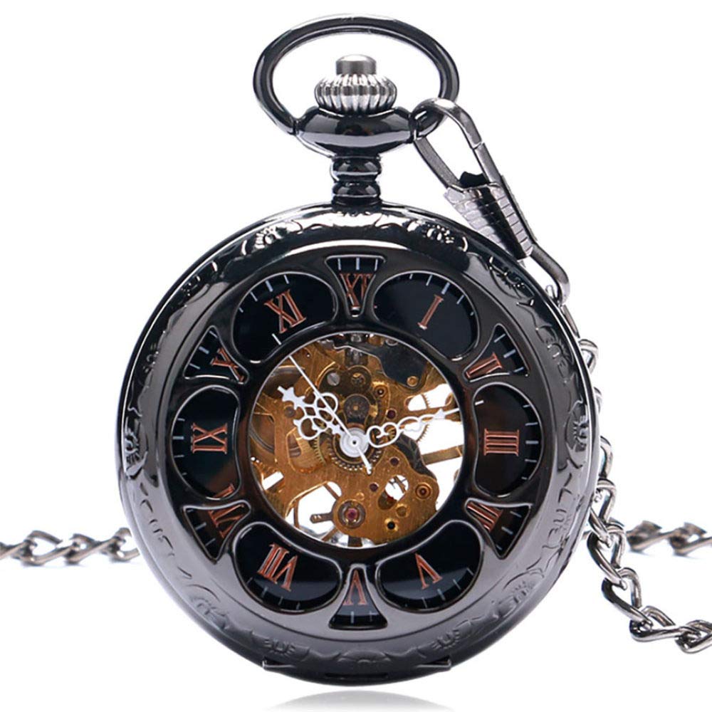 Vintage Schwarz/Silber halbkreis mechanische Handwindtaschenuhr Kette Luxus Steampunk Frauen Männer Uhren männliche Uhr Geschenke