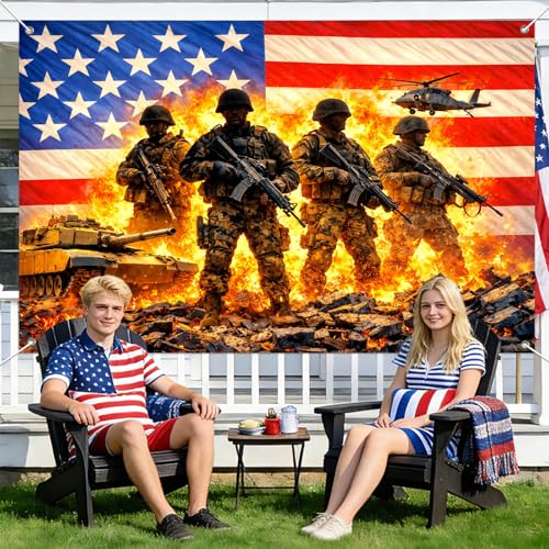 Image of IVN Patriotic Soldier Backdrop Banner 71 x 43 Inch 4th of July Veterans Day Memorial Day Banner Decorations Supplies Independence Day Themed America Independence Day Backdrop