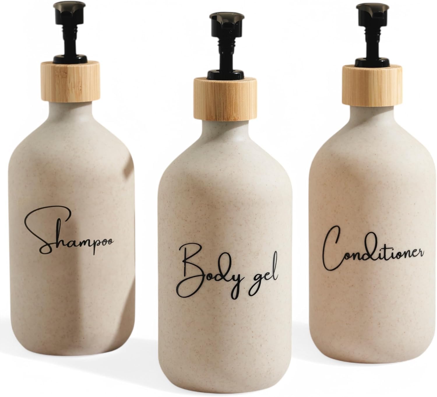 Dispensador jabon baño 500ml Beige con Detalle de bambú - Set de 3 Botes para Gel y champu acondicionador - Dosificador jabon baño Elegante y Funcional para Mantener la Ducha ordenada y Decorada