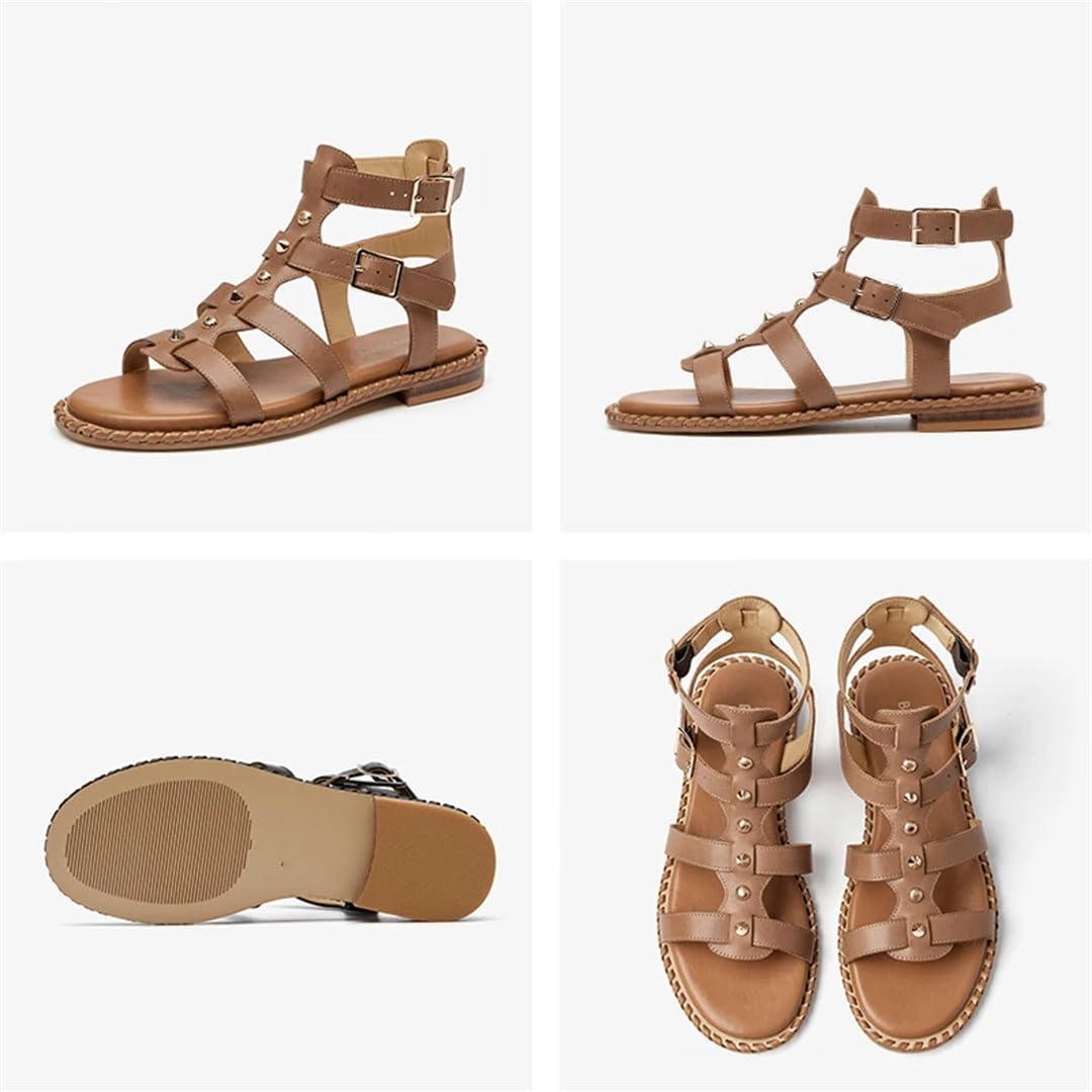 Sandalias de gladiador con correa de hebilla y correa al tobillo para mujer, tacón plano, estilo gladiador, piel de becerro, doble hebilla, de metal, informales, de verano