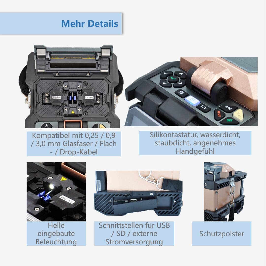 Glasfaser Spleißgerät Fusion Splicer, LWL Spleißgerät mit 4,3-Zoll-Touchscreen, Glasfaser-Spleiß-Kit mit 4 Motoren und großem Akku für FTTH