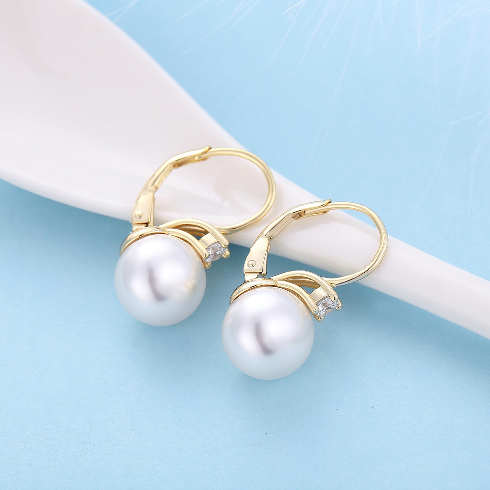 Perlen Ohrringe Hängend 18K Weißgold plattiert S925 Sterling Silber mit Weißen Perlen und AAAAA Zirkonia Kristallen für Damen