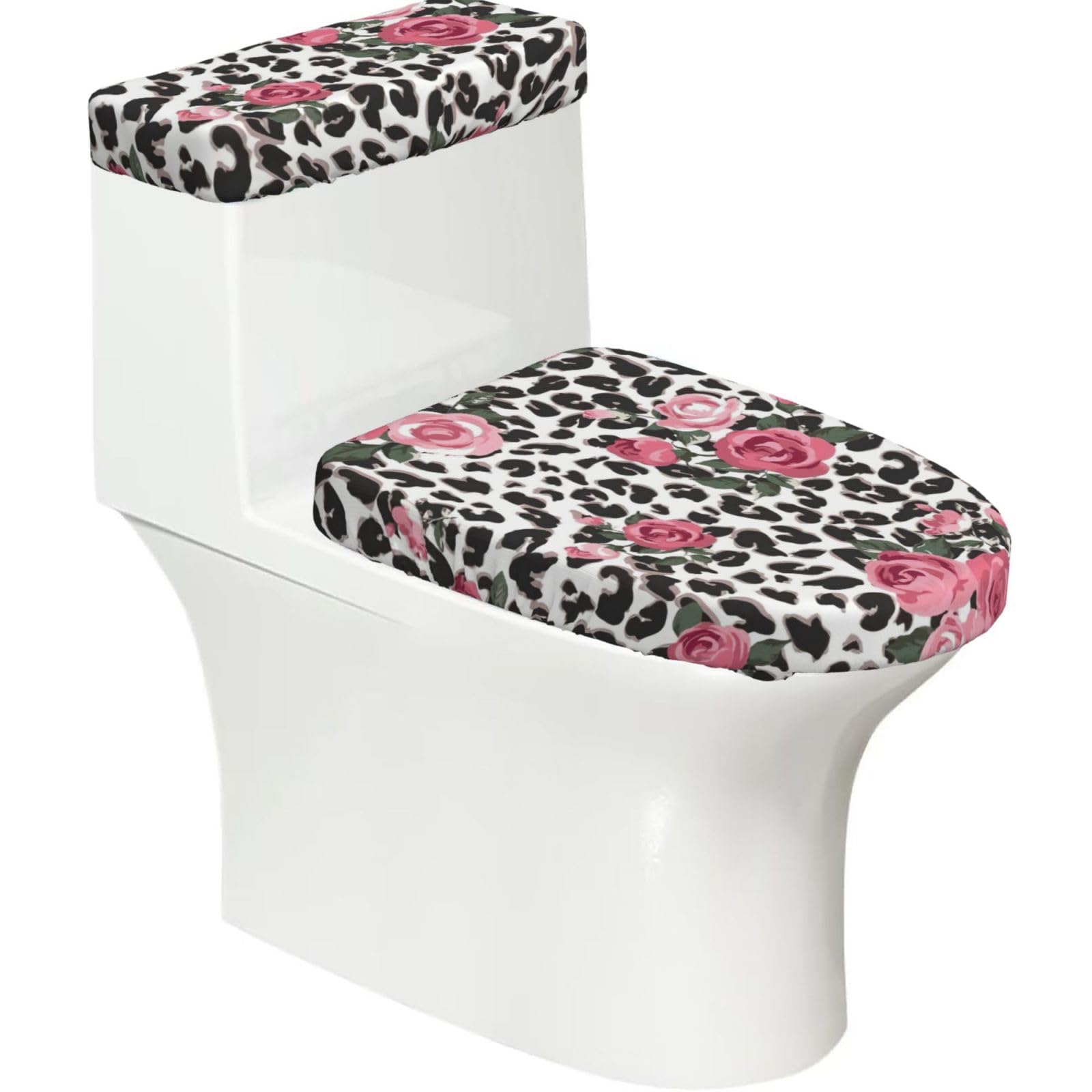 Cute Pink Rose Mix Leopard Pattern Print Bathroom Decor Toilet Lid Cover And Tank Covers, Restroom Accessories Fits Most Round