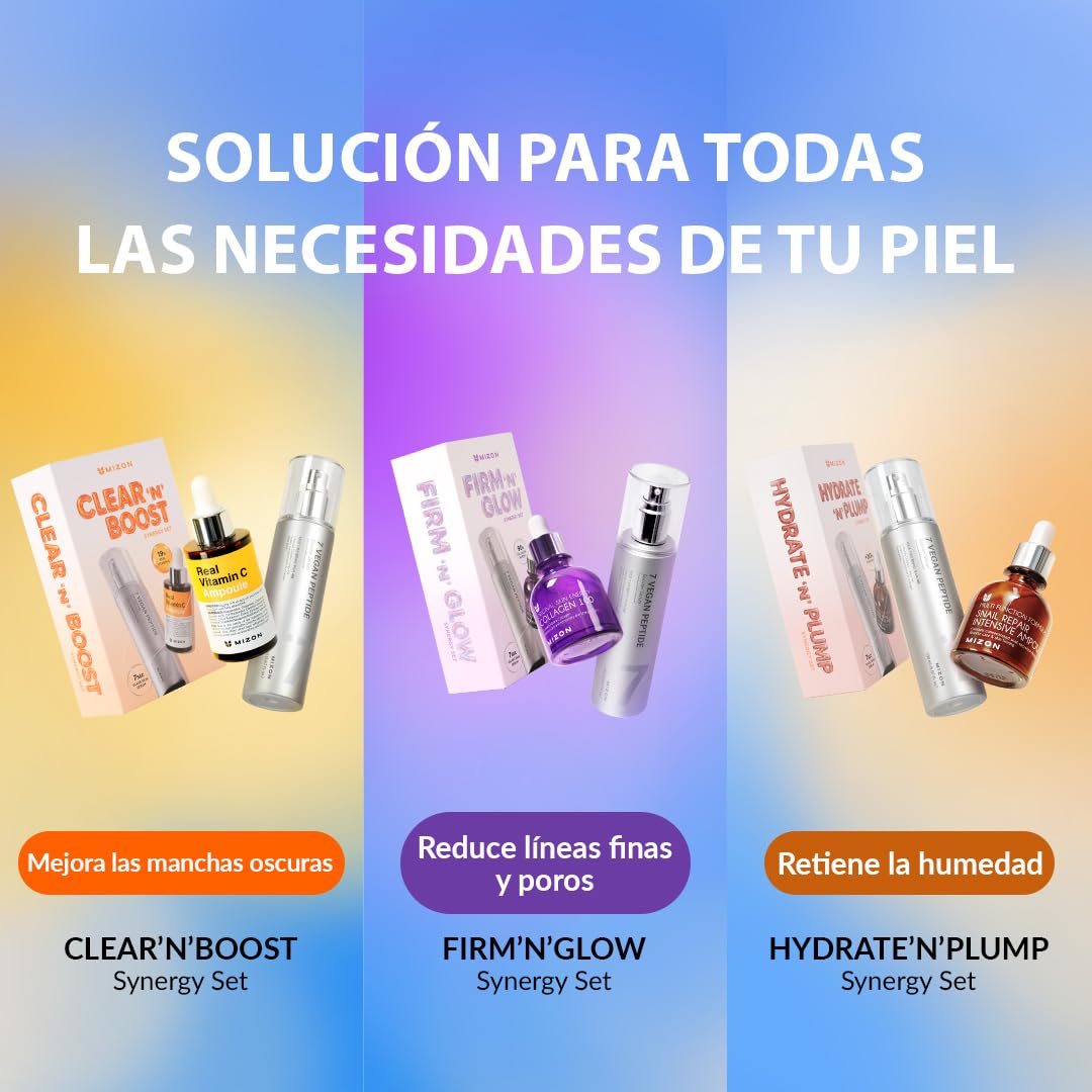 [MIZON] FIRM'N'GLOW COLLAGEN SYNERGY SET - 7 Vegan Peptide Booster Serum 150 ml + Collagen 100 Ampoule 30 ml, routine coreana per compattezza, elasticità, idratazione e linee sottili