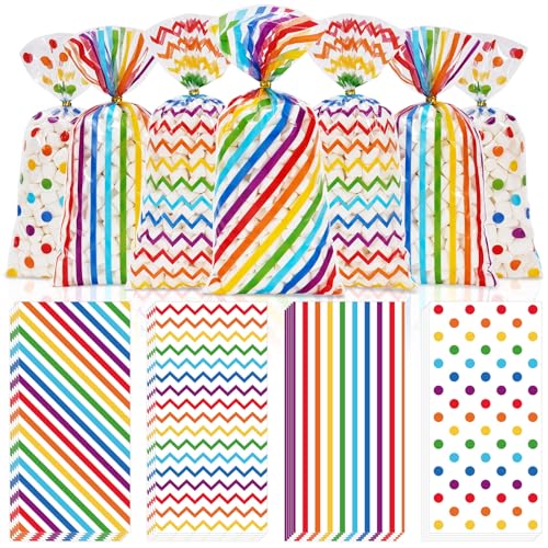 Whaline 160 Pcs Rainbow Cellophane Treat Bags Stripe Wave Dot Plastic Gift Bags Candy Goodie Bag with Twist Ties for Gay Pride kids Birthday Party Cookie Snack Packing Supplies, 5.1 x 10.6 Inch