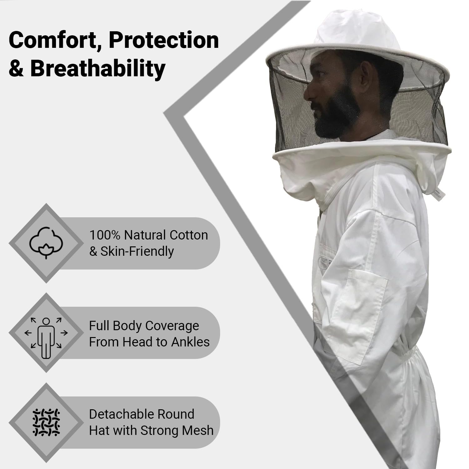 Tuta Apicoltore cotone Professionale Abito Apicoltura con rotondo Cappello ampia tasca gli apicoltori api Tuta Naturale traspirante (Tuta da apicoltore Bianca con cappello rotondo, L)