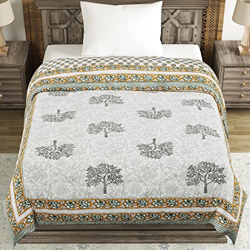 Image of BLOCKS OF INDIA Cotton Single Size Quilt Hand Block Print for Light Winters (60X90 Inches) (Green Yellow Tree), Lightweight, 300 TC