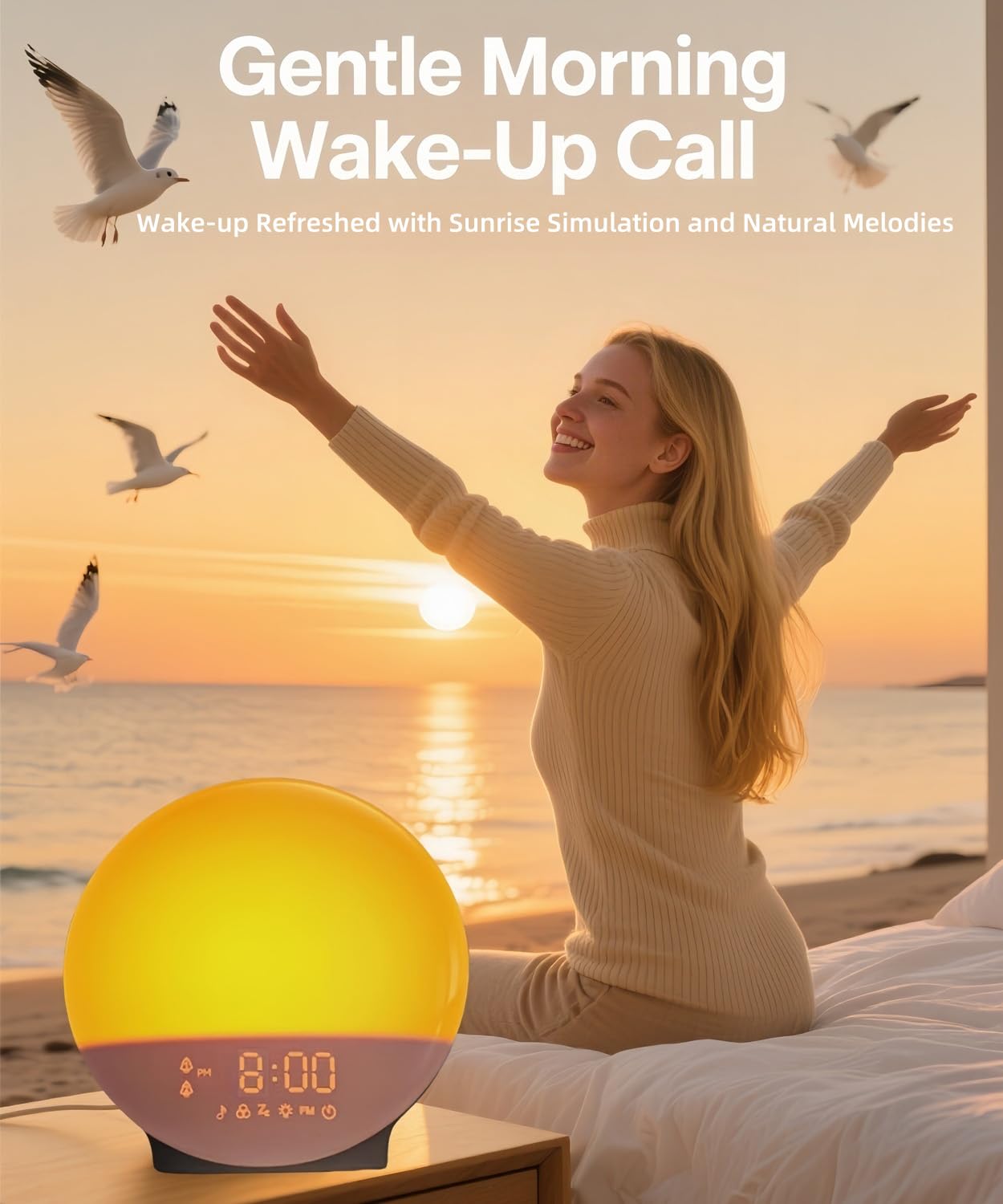 Tuerthy Reveil Lumineux, Réveil Intelligent pour Enfants Adultes, Reveil Matin Simulateur d'Aube et Crépuscule, Snooze,7 Sons Naturels, FM Radio Réveil, Veilleuse LED 7 Couleurs, Lampe de Chevet